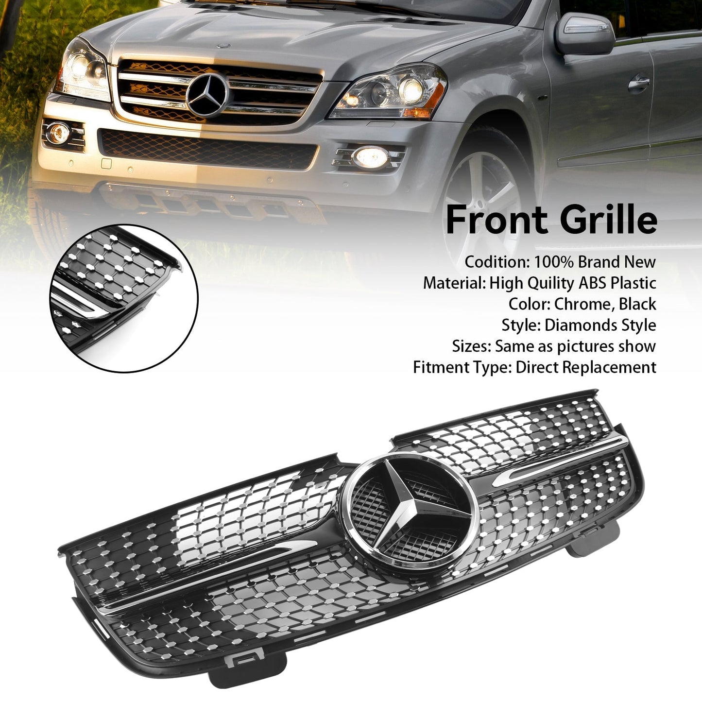 Benz 2007-2009 GL-Class X164 GL450 Chrome Diamonds Mercedes Benz Grill Front Bumper Grille