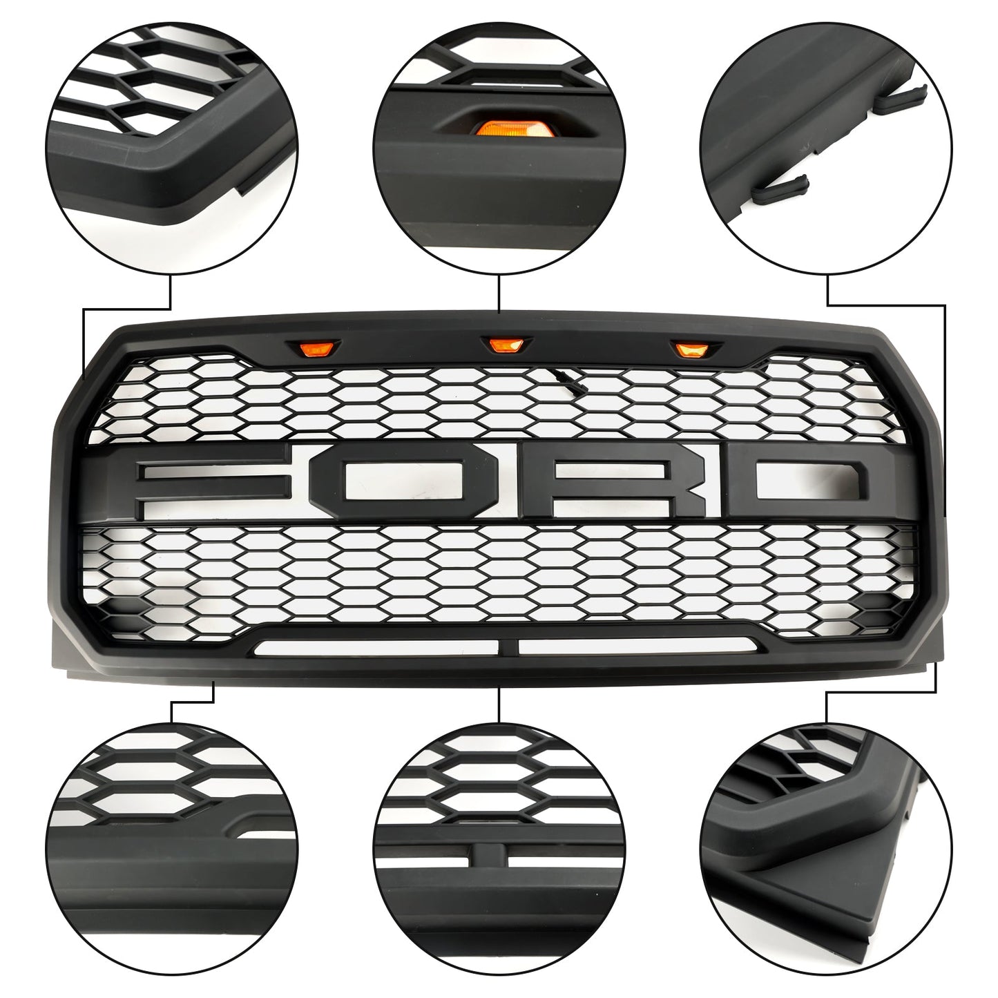 2015-2017 Raptor Grille Ford F150 Black / Gray Front Bumper Honeycomb Grill With LED