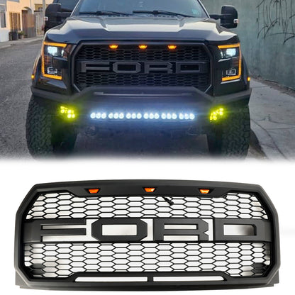 2015-2017 Raptor Grille Ford F150 Black / Gray Front Bumper Honeycomb Grill With LED