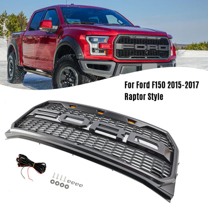 2015-2017 Raptor Grille Ford F150 Black / Gray Front Bumper Honeycomb Grill With LED