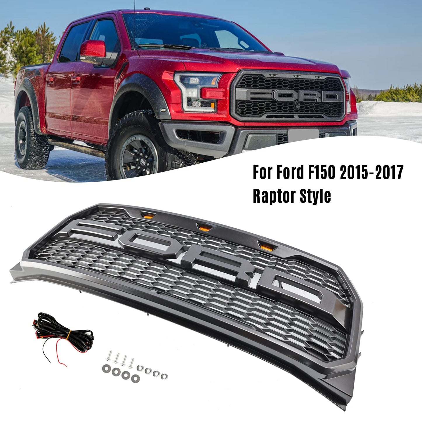 2015-2017 Ford F150 Raptor Style Front Bumper Grill W/ LED Replacement Gray Grille