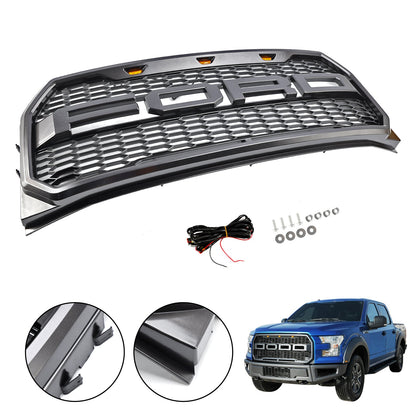 2015-2017 Raptor Grille Ford F150 Black / Gray Front Bumper Honeycomb Grill With LED