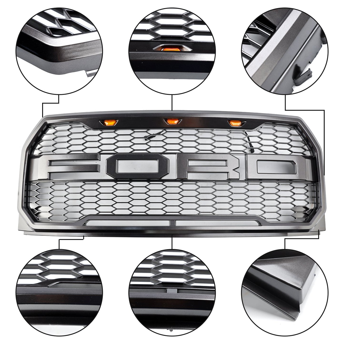 2015-2017 Raptor Grille Ford F150 Black / Gray Front Bumper Honeycomb Grill With LED