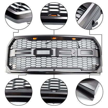 2015-2017 Ford F150 Raptor Style Front Bumper Grill W/ LED Replacement Gray Grille