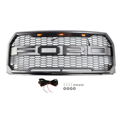 2015-2017 Ford F150 Raptor Style Front Bumper Grill W/ LED Replacement Gray Grille