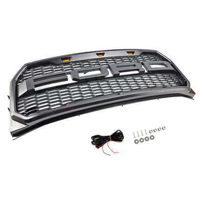 2015-2017 Ford F150 Raptor Style Front Bumper Grill W/ LED Replacement Gray Grille