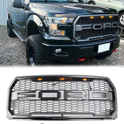 2015-2017 Raptor Grille Ford F150 Black / Gray Front Bumper Honeycomb Grill With LED