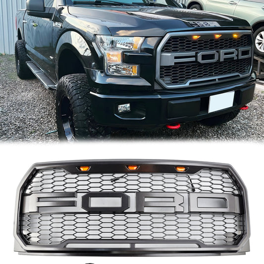 2015-2017 Raptor Grille Ford F150 Black / Gray Front Bumper Honeycomb Grill With LED