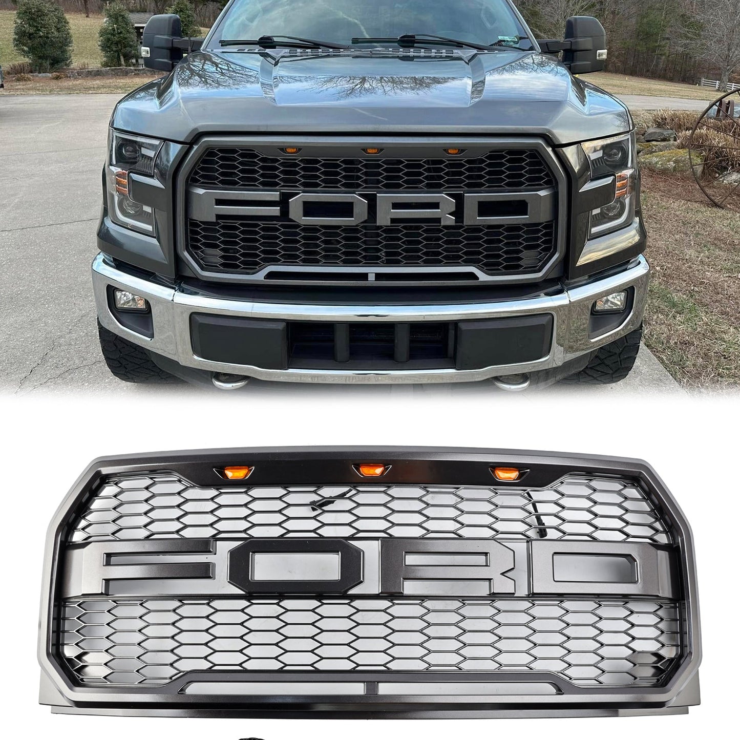 2015-2017 Raptor Grille Ford F150 Black / Gray Front Bumper Honeycomb Grill With LED