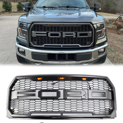 2015-2017 Ford F150 Raptor Style Front Bumper Grill W/ LED Replacement Gray Grille