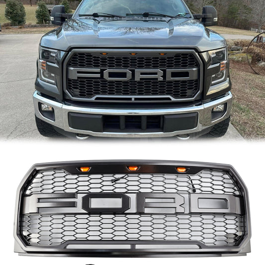 2015-2017 Ford F150 Raptor Style Front Bumper Grill W/ LED Replacement Gray Grille