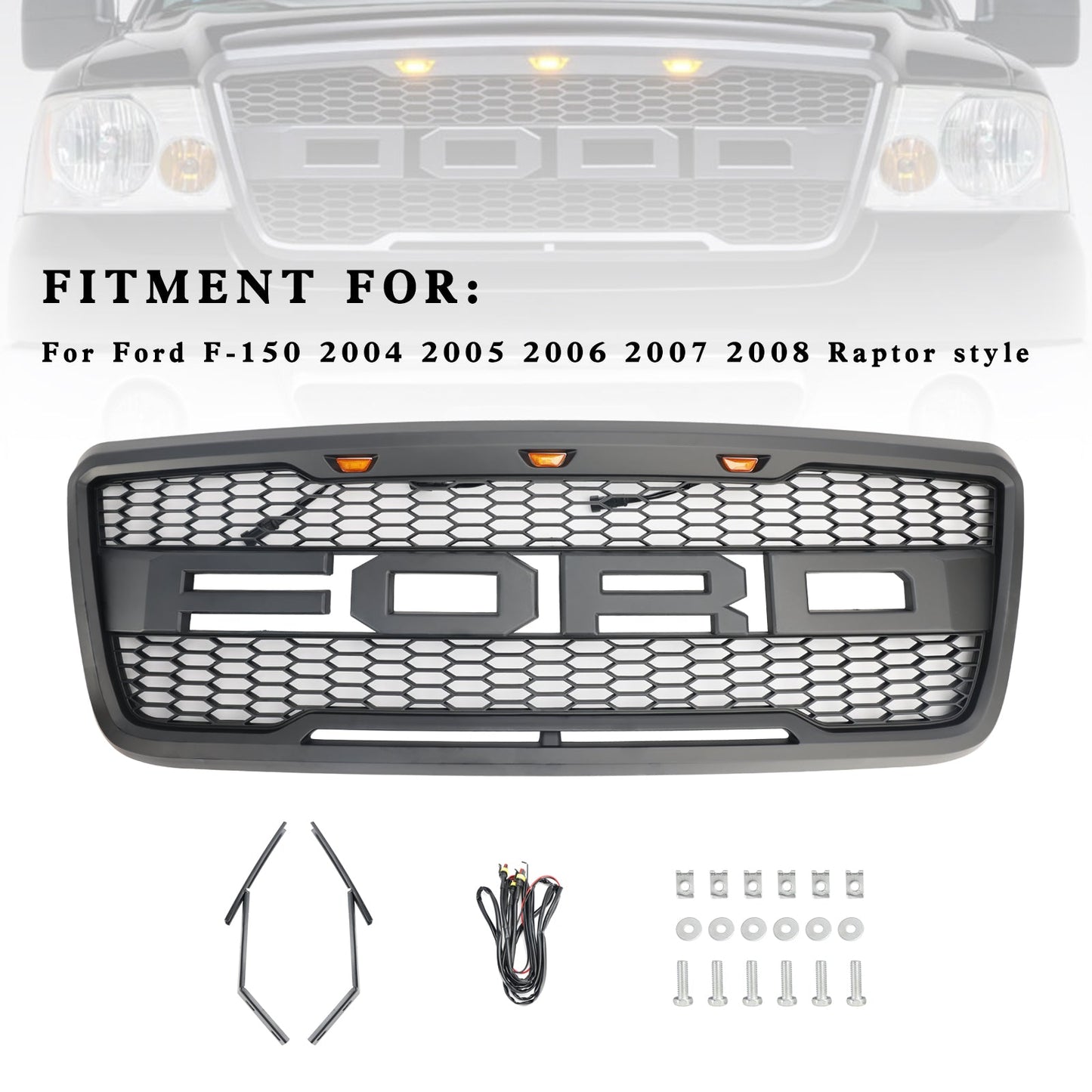 2004-2008 Ford F150 Front Bumper Mesh Hood Grill Raptor Style Gray Grille W/ LED & Letter