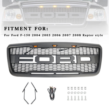 2004 2005 2006 2007 2008 Ford F150 Raptor Style Front Grill Mesh Hood Gray Black Grille With LED Light