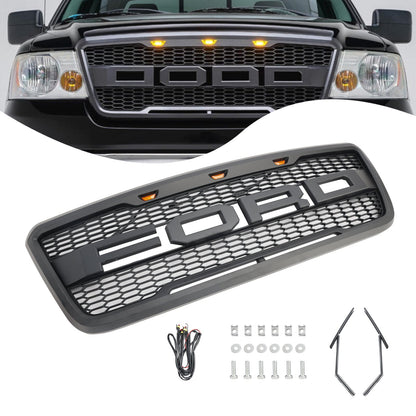 2004-2008 F150 Ford Raptor Style Black Front Mesh Black Hood Grill Grille Replacement With LED Generic