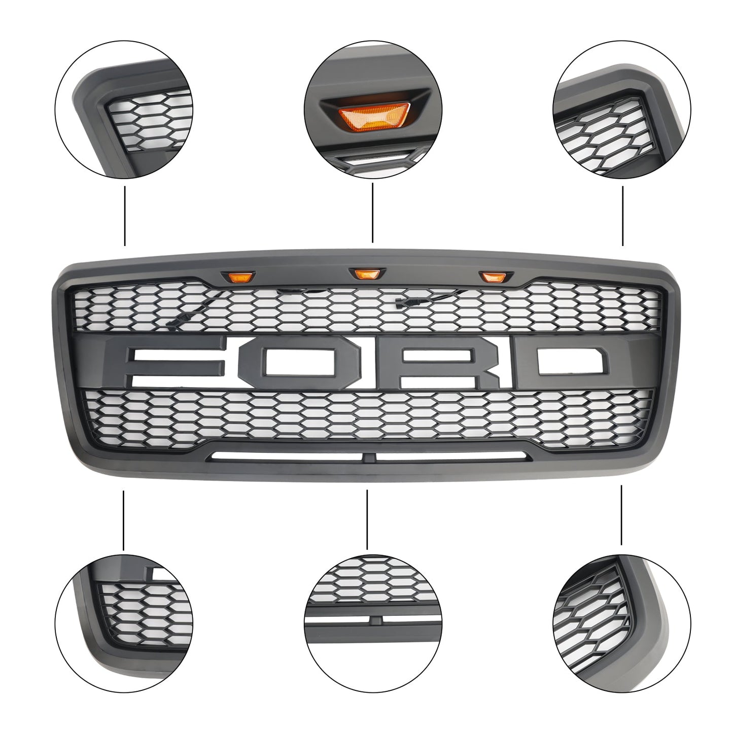 2004 2005 2006 2007 2008 Ford F150 Raptor Style Front Grill Mesh Hood Gray Black Grille With LED Light