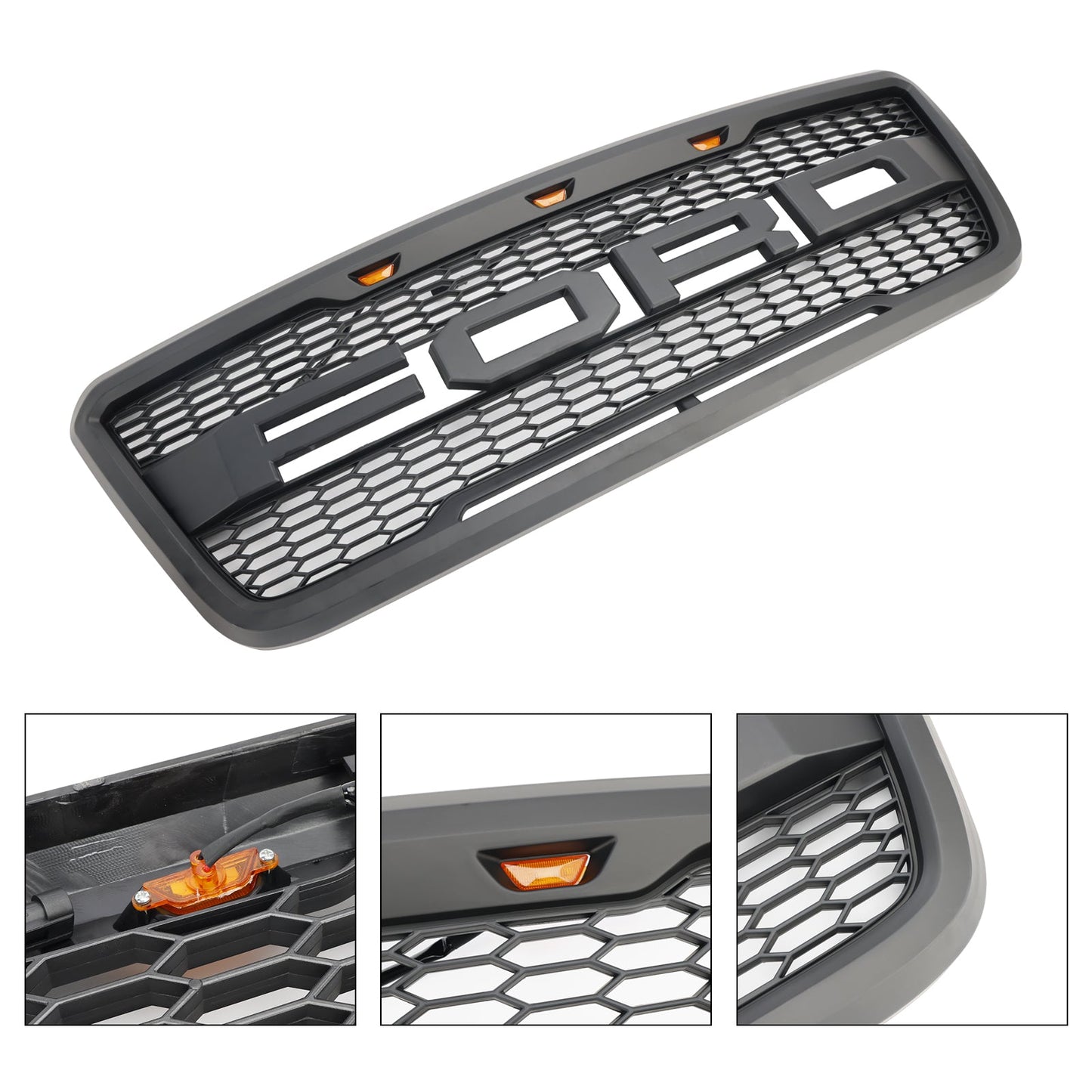 2004 2005 2006 2007 2008 Ford F150 Raptor Style Front Grill Mesh Hood Gray Black Grille With LED Light