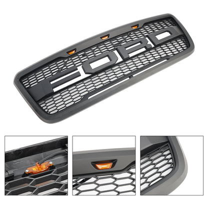 2004 2005 2006 2007 2008 Ford F150 Raptor Style Front Grill Mesh Hood Gray Black Grille With LED Light