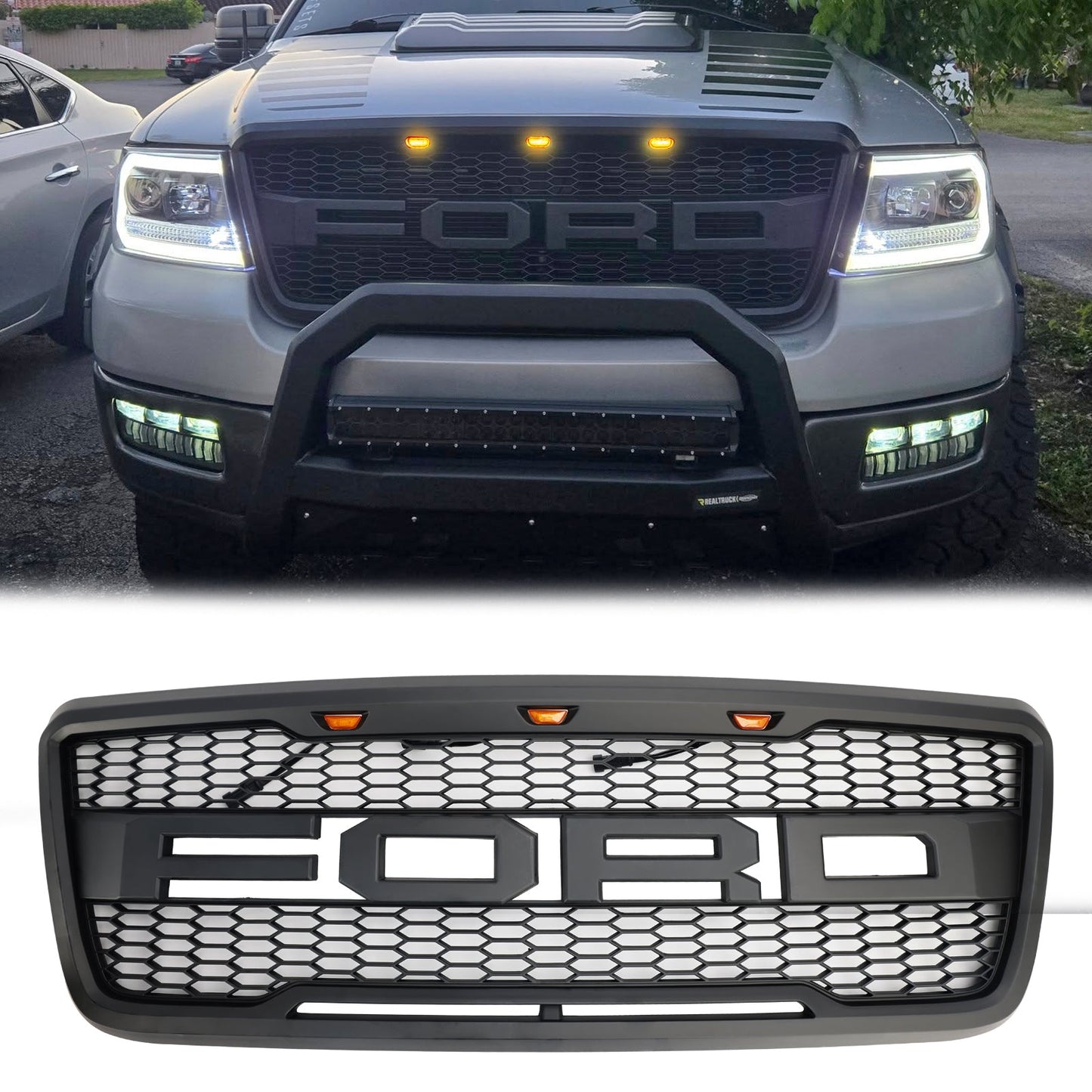 2004-2008 F150 Ford Raptor Style Black Front Mesh Black Hood Grill Grille Replacement With LED Generic