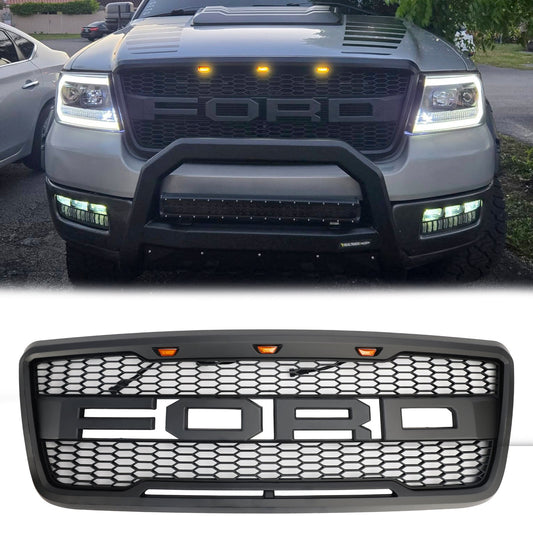 2004-2008 F150 Ford Raptor Style Black Front Mesh Black Hood Grill Grille Replacement With LED Generic