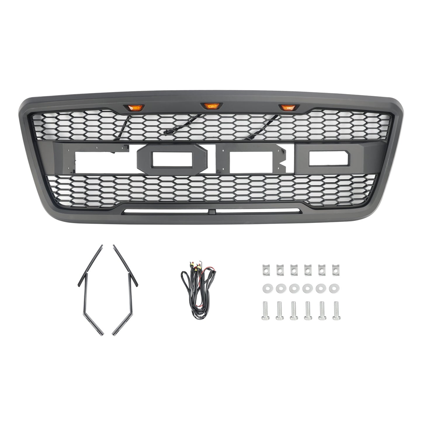 2004 2005 2006 2007 2008 Ford F150 Raptor Style Front Grill Mesh Hood Gray Black Grille With LED Light
