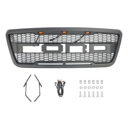2004 2005 2006 2007 2008 Ford F150 Raptor Style Front Grill Mesh Hood Gray Black Grille With LED Light