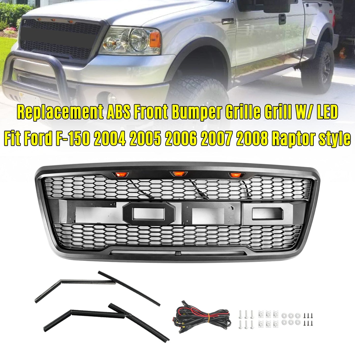 2004-2008 Ford F150 Raptor Style Gray Black Front Mesh Hood Grill With LED