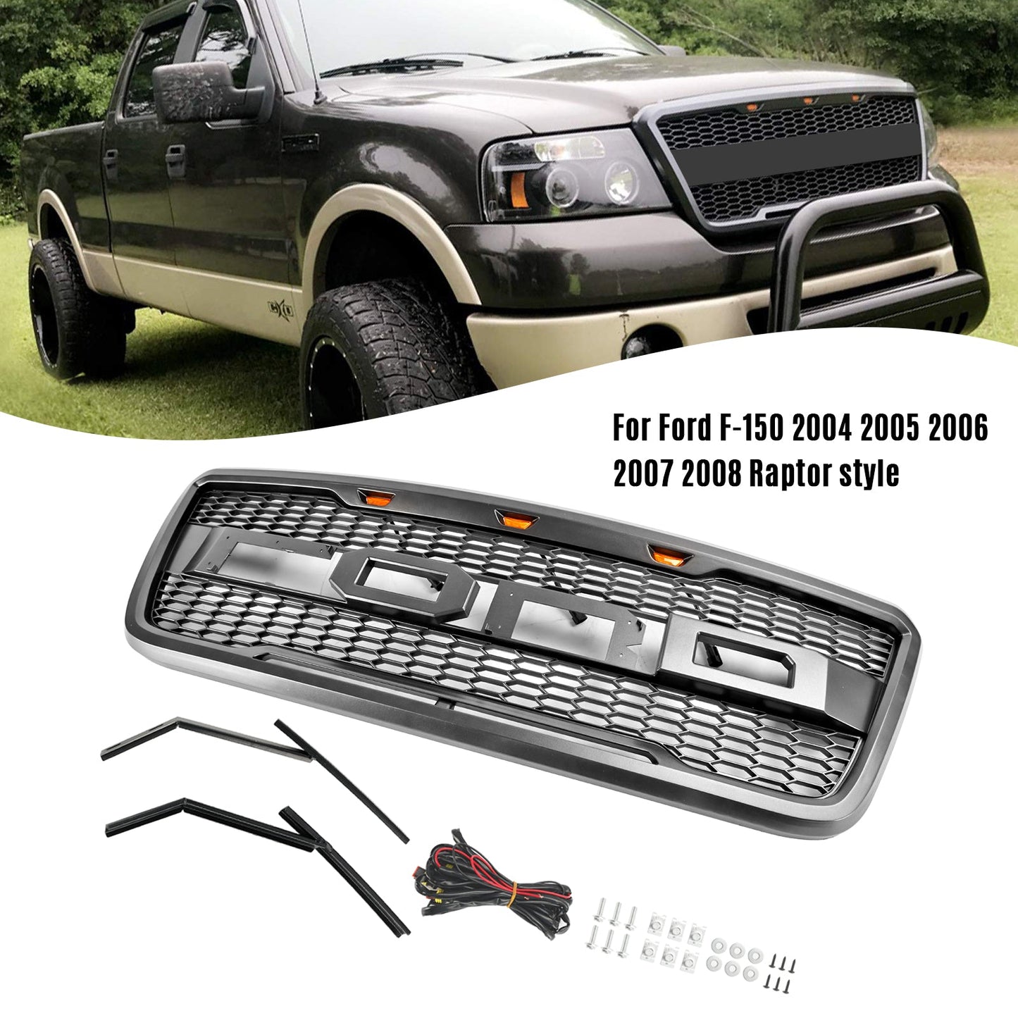 2004-2008 Ford F150 Raptor Style Gray Black Front Mesh Hood Grill With LED