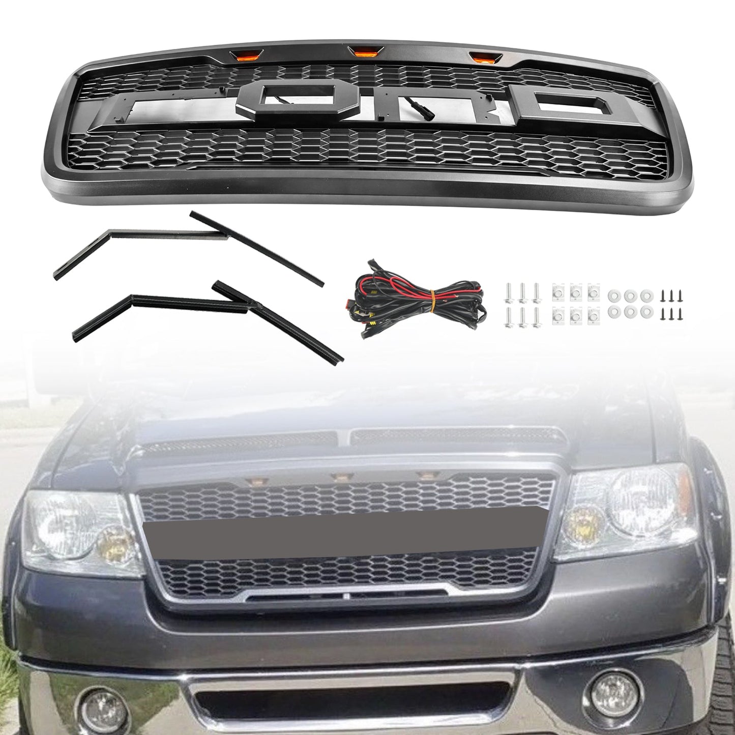 2004-2008 Ford F150 Raptor Style Gray Black Front Mesh Hood Grill With LED