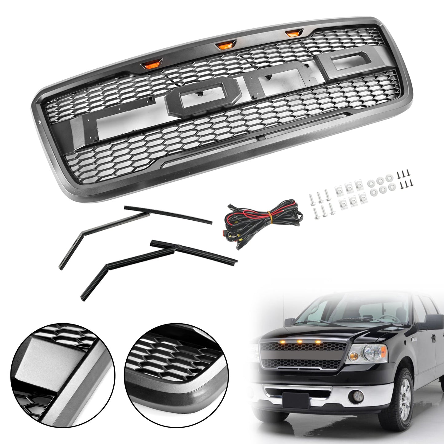 2004-2008 Ford F150 Raptor Style Gray Black Front Mesh Hood Grill With LED