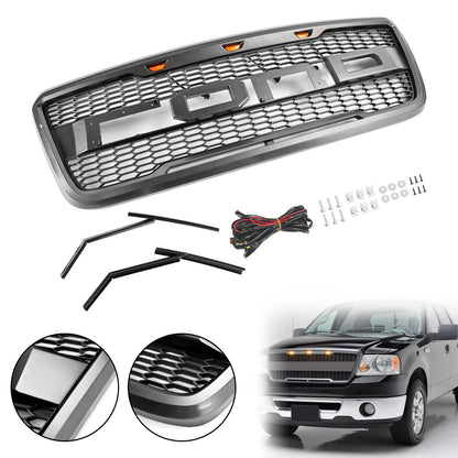 2004-2008 Ford F150 Raptor Style Gray Black Front Mesh Hood Grill With LED
