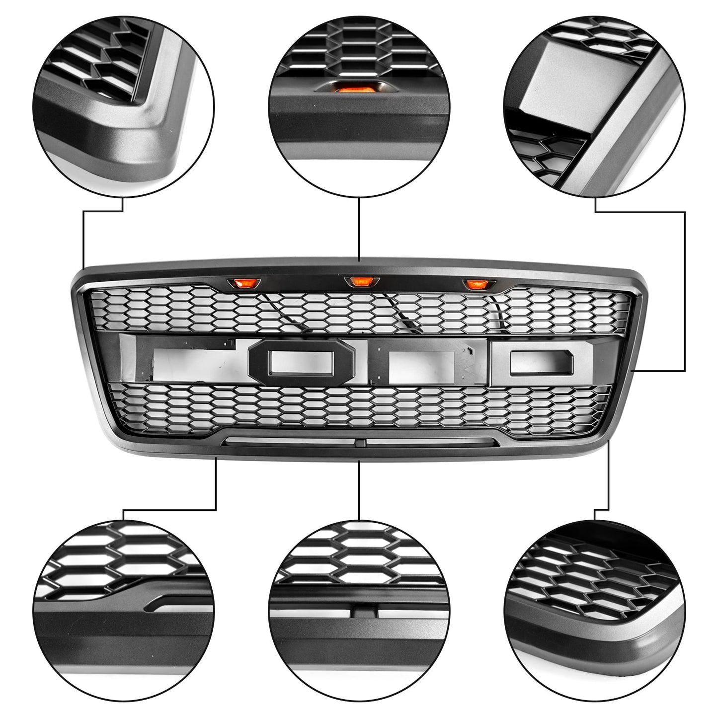 2004-2008 Ford F150 Raptor Style Gray Black Front Mesh Hood Grill With LED