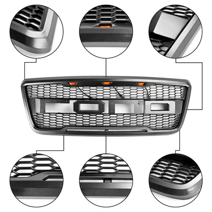 2004-2008 Ford F150 Raptor Style Gray Black Front Mesh Hood Grill With LED