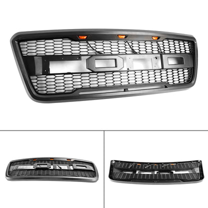 2004-2008 Ford F150 Raptor Style Gray Black Front Mesh Hood Grill With LED