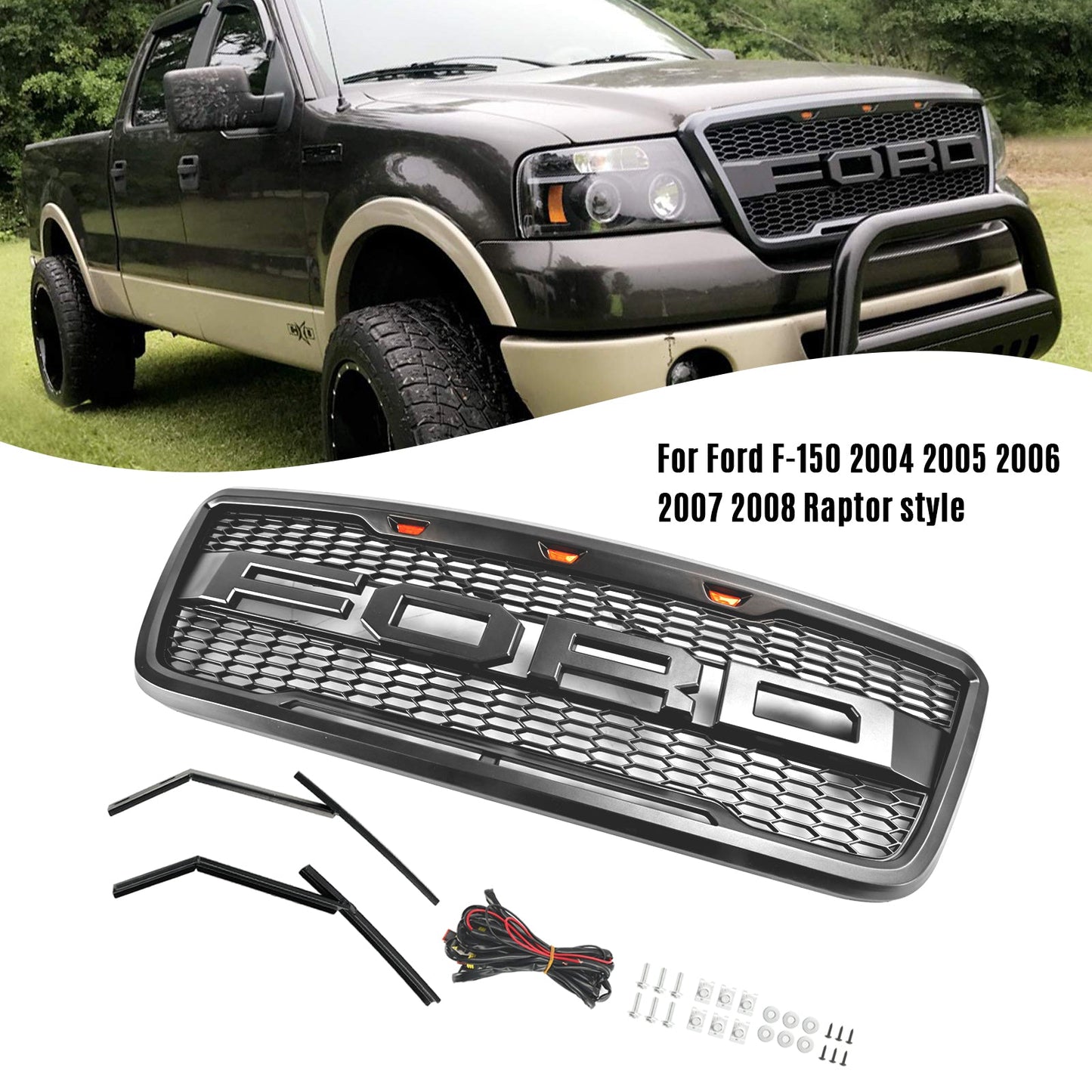 2004-2008 Ford F150 Raptor Style Grille Black/Grey Black Choose
