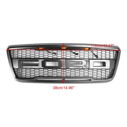 2004-2008 Ford F150 Raptor Style Gray Black Front Mesh Hood Grill Grille Replacement With LED