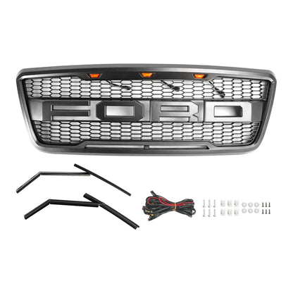 2004-2008 Ford F150 Raptor Style Gray Black Front Mesh Hood Grill Grille Replacement With LED