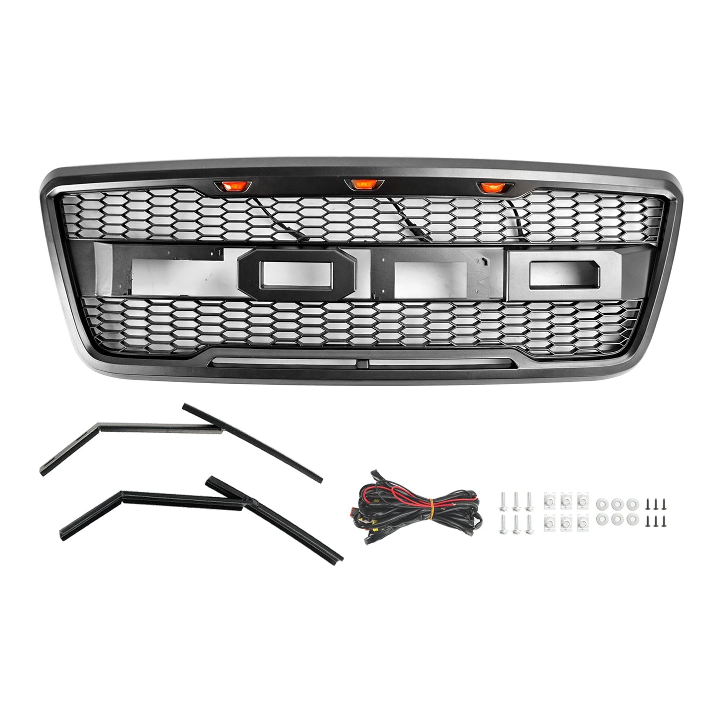 2004-2008 Ford F150 Raptor Style Gray Black Front Mesh Hood Grill With LED