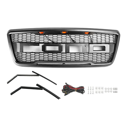 2004-2008 Ford F150 Raptor Style Gray Black Front Mesh Hood Grill With LED