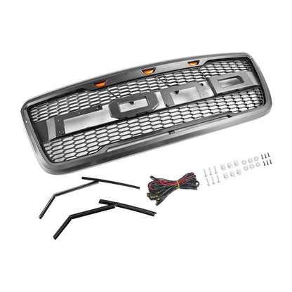 2004-2008 Ford F150 Raptor Style Gray Black Front Mesh Hood Grill With LED