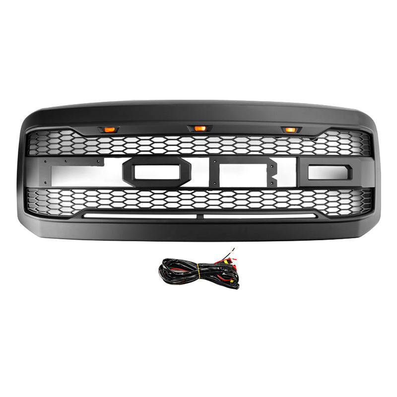 2005-2007 Ford F250 F350 F450 Super Duty Black Front Bumper Honeycomb Grille With LED Raptor Style Grill