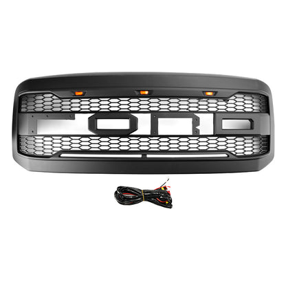 2005-2007 Ford F250 F350 F450 Super Duty Black Front Bumper Honeycomb Grille With LED Raptor Style Grill