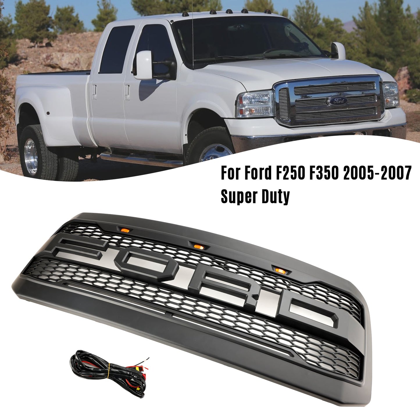 2005-2007 Ford F250 F350 Super Duty Front Bumper W/ LED Raptor Grill Black Replacement Grille