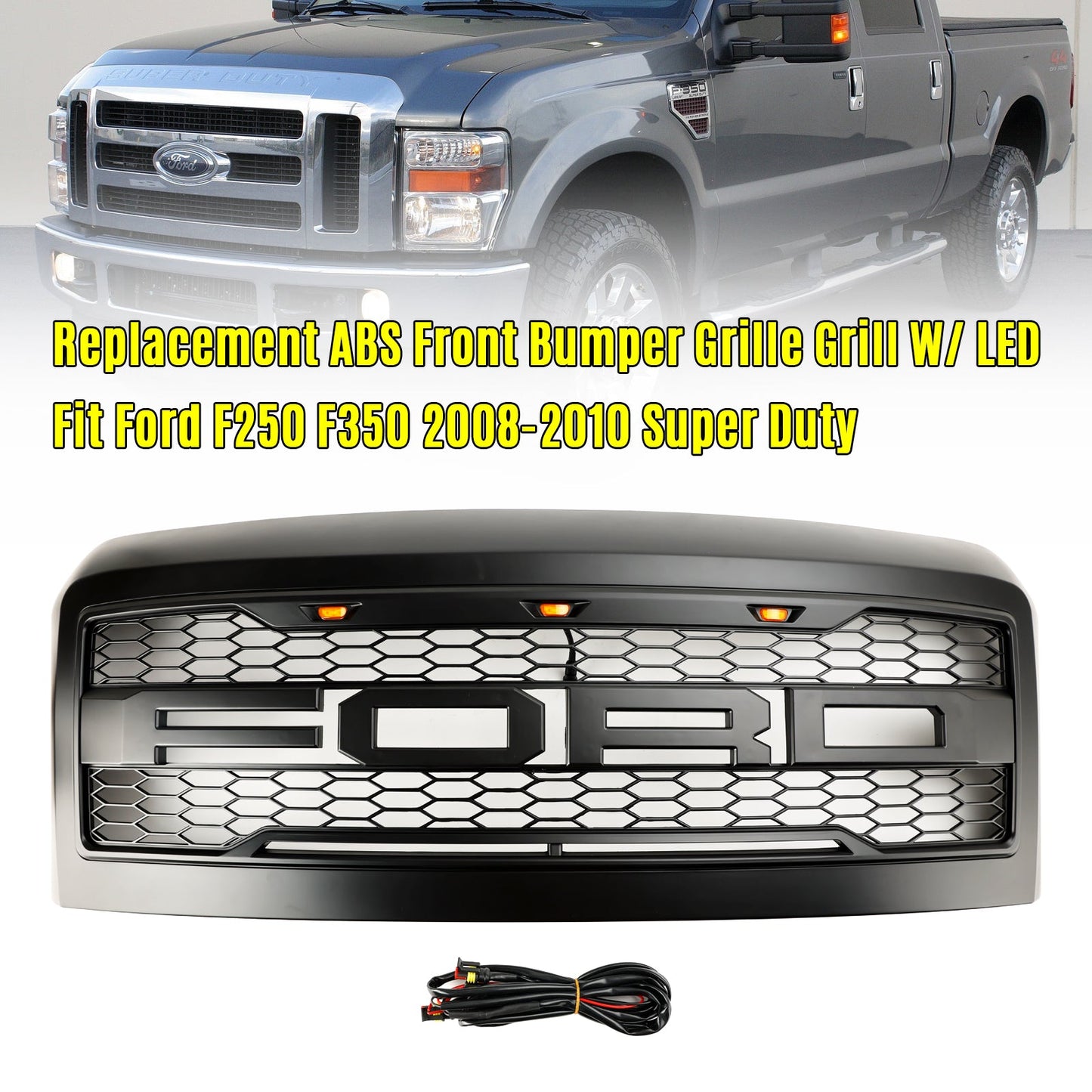Ford F250 F350 F450 Super Duty 2008-2010 Raptor Style Matte Black Grill Front Bumper Honeycomb Grille With LED Light