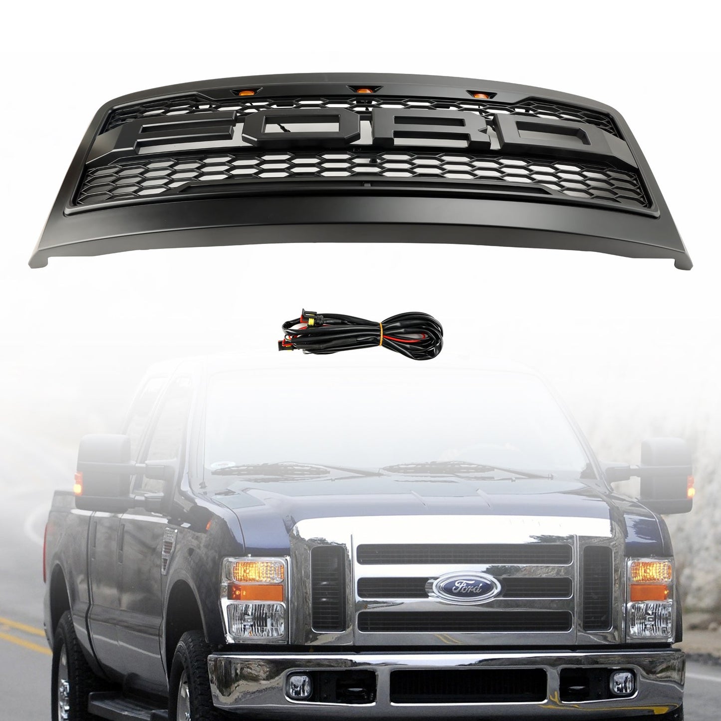 Ford F250 F350 F450 Super Duty 2008-2010 Raptor Style Matte Black Grill Front Bumper Honeycomb Grille With LED Light