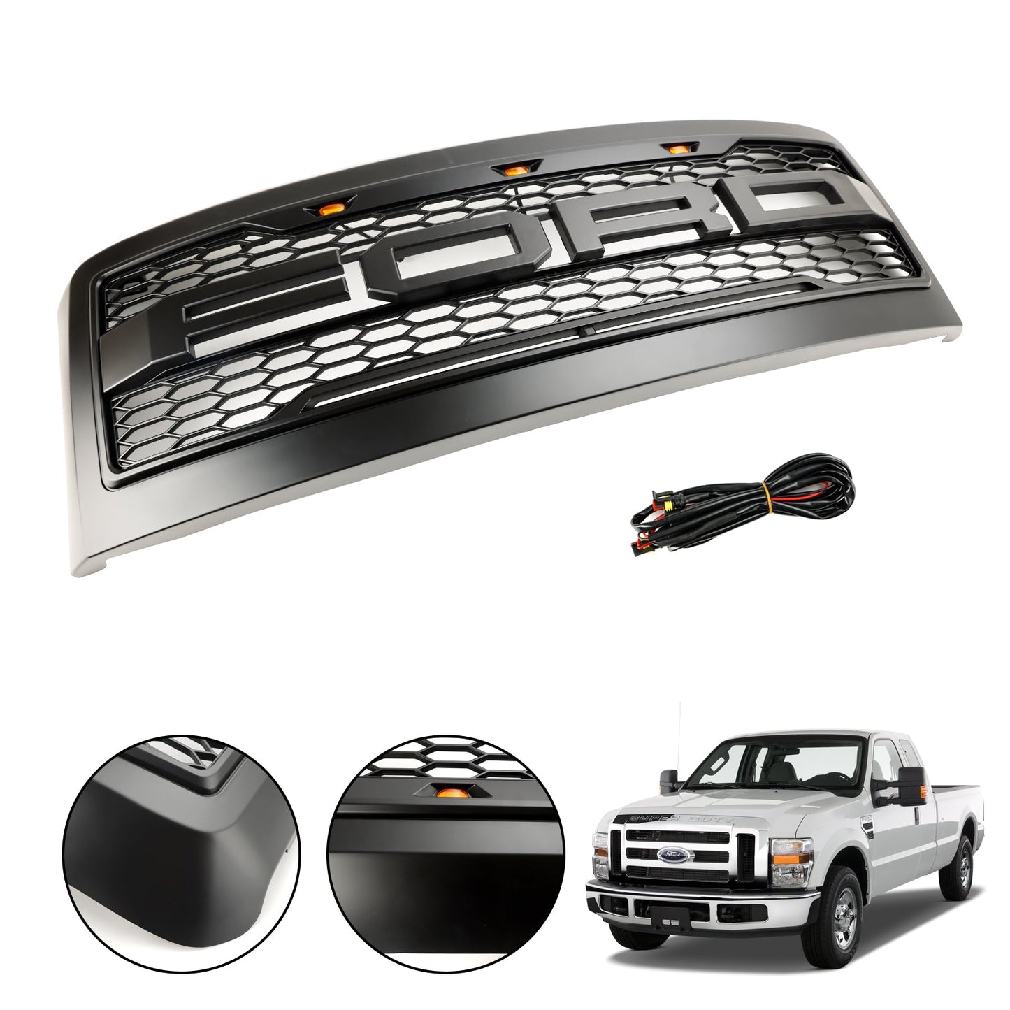 Ford F250 F350 F450 Super Duty 2008-2010 Raptor Style Matte Black Grill Front Bumper Honeycomb Grille With LED Light