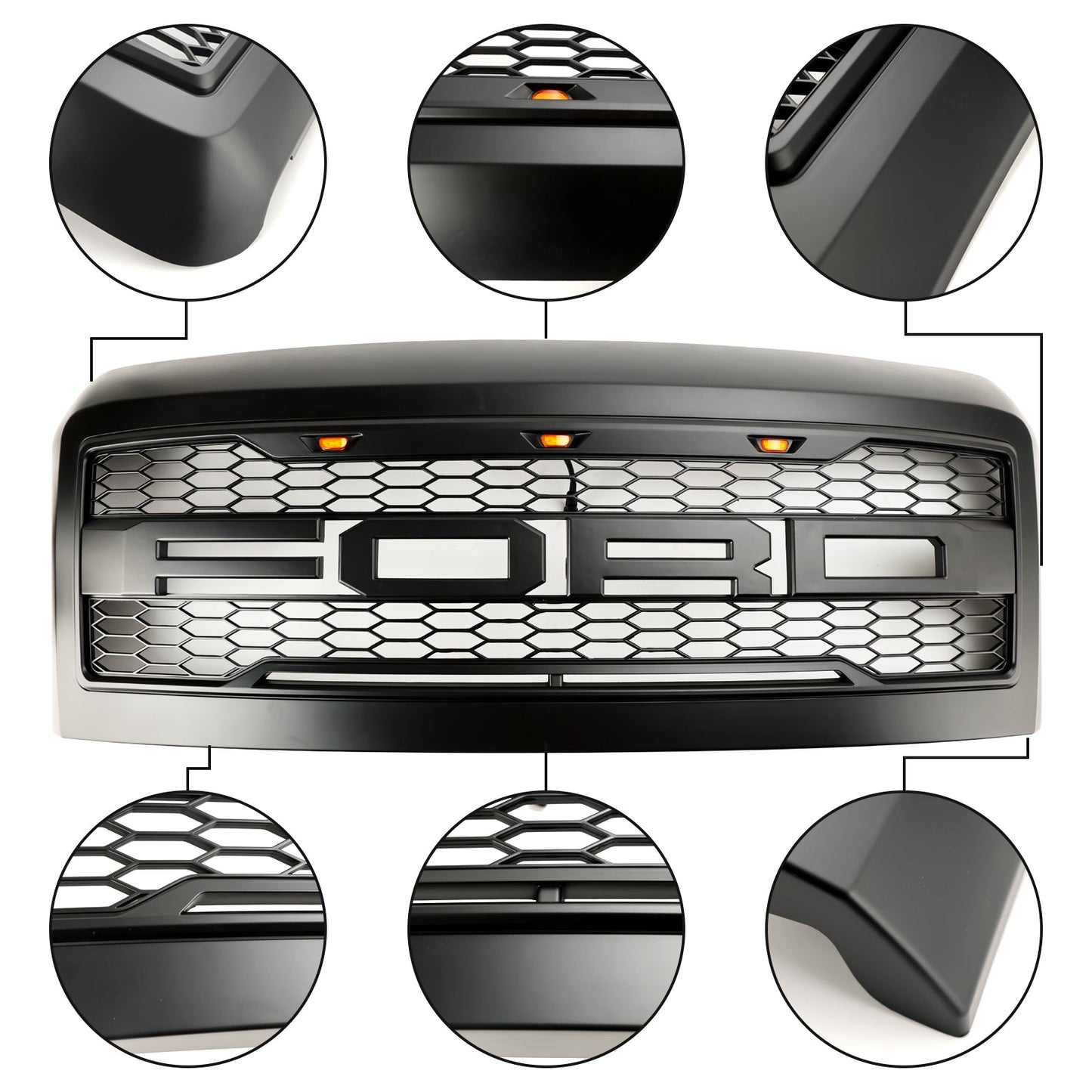 Ford F250 F350 F450 Super Duty 2008-2010 Raptor Style Matte Black Grill Front Bumper Honeycomb Grille With LED Light