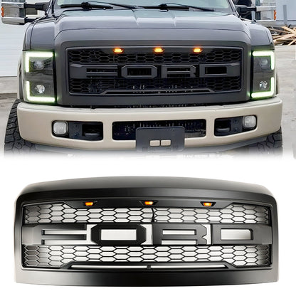 Raptor Style Grill For 2008-2010 Ford F250 F350 F450 Black Grille Upper Bumper Front Grille W/ LED & Letter