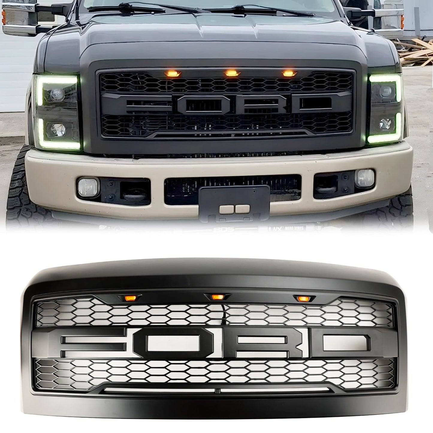 Ford F250 F350 F450 Super Duty 2008-2010 Raptor Style Matte Black Grill Front Bumper Honeycomb Grille With LED Light