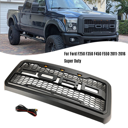 2011-2016 Ford F250/350/450/550 Super Duty Raptor Style Front Bumper Grill Replacement W/LED Black Grille