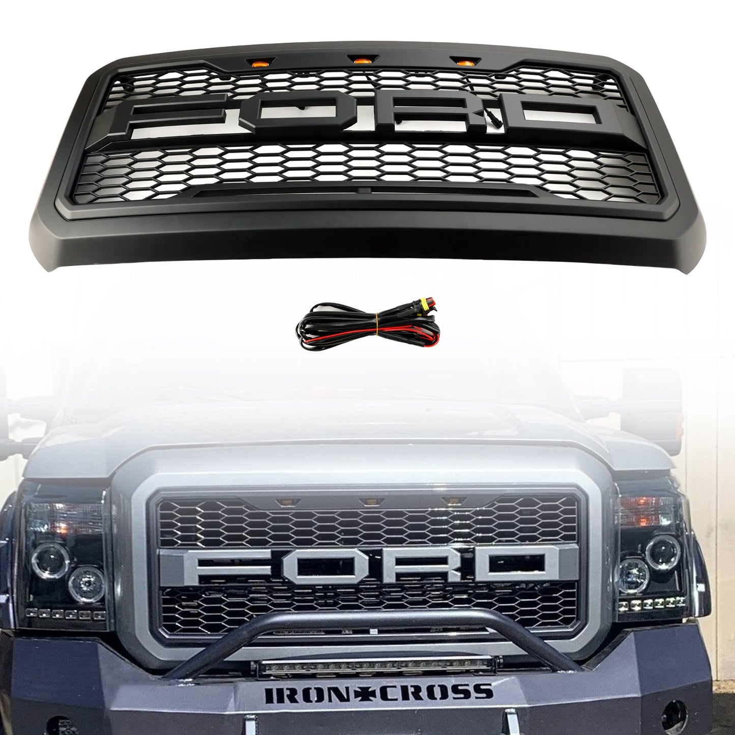 Raptor Grill For 2011-2016 Ford 250 350 450 550 Super Duty Front Bumper Honeycomb Black Grille W/ LED & Letter